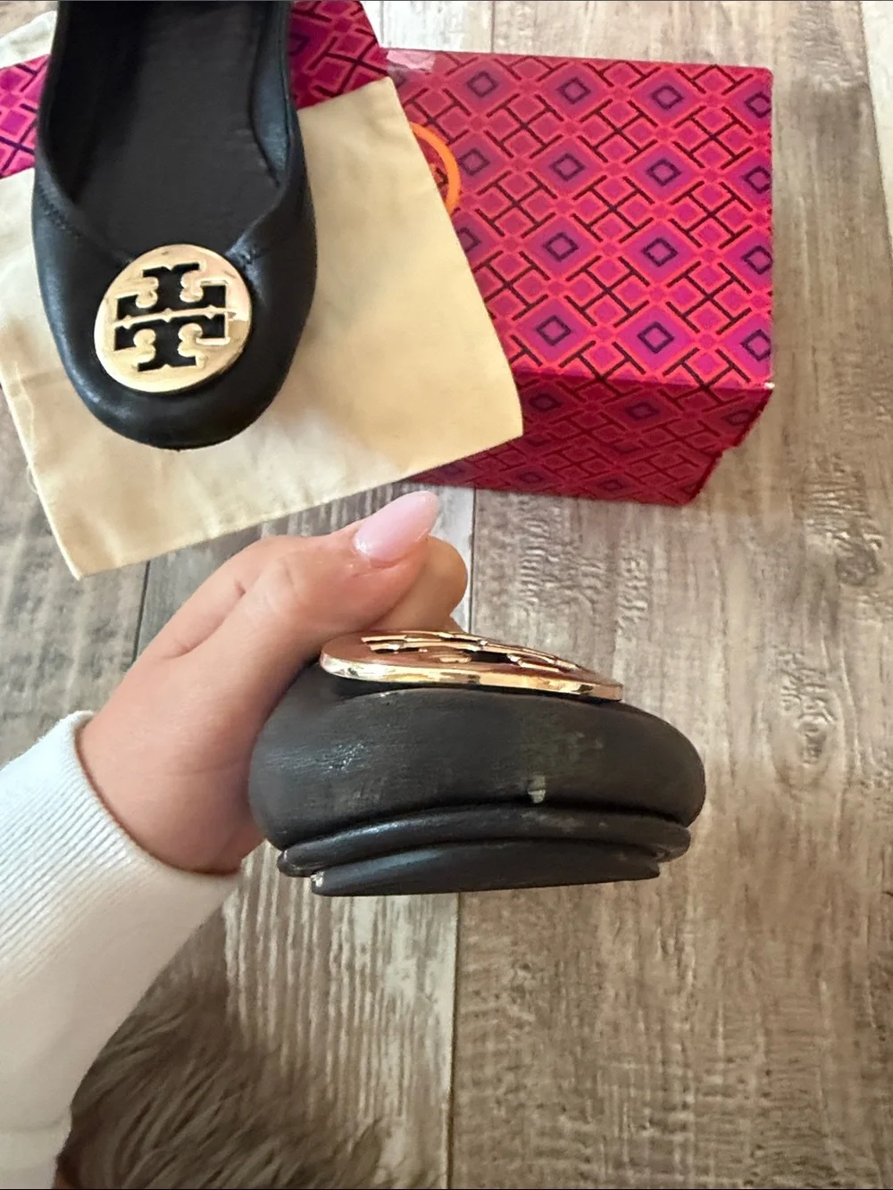 Tory Burch Black Leather Logo Ballet Flats with Gold Medallion